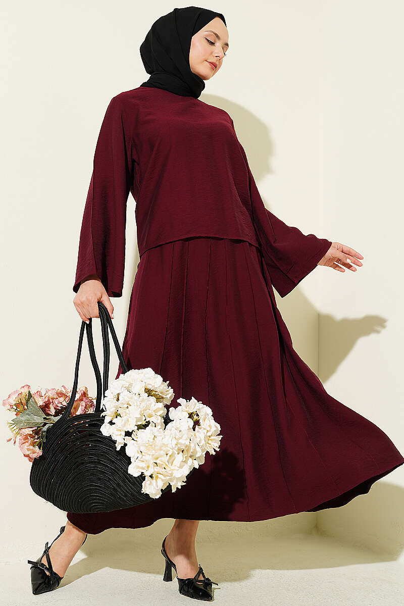 Ribbed-Blouse Skirt Set - Burgundy