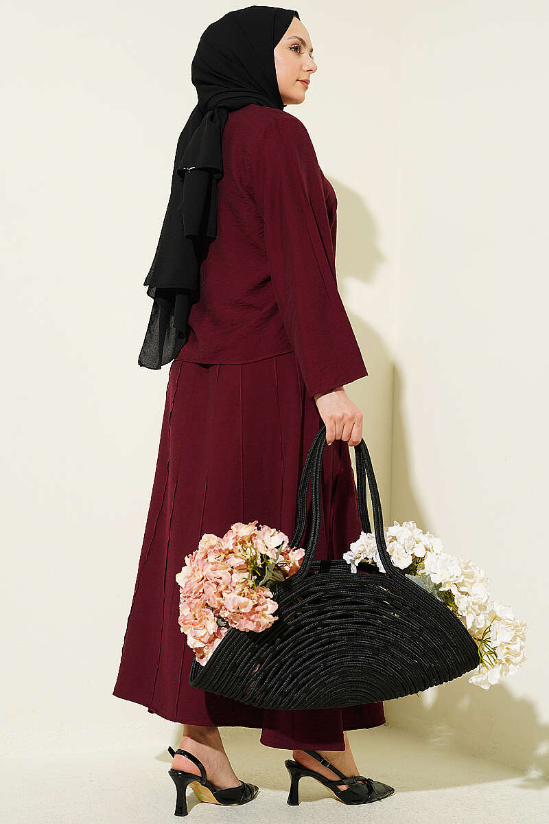Ribbed-Blouse Skirt Set - Burgundy