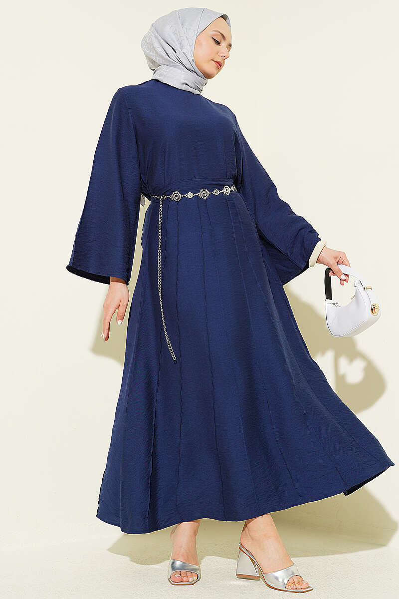 Ribbed-Blouse Skirt Set - Navy