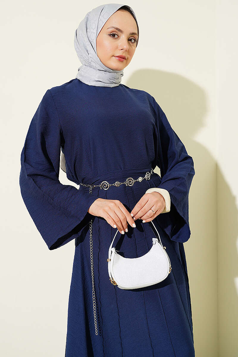 Ribbed-Blouse Skirt Set - Navy