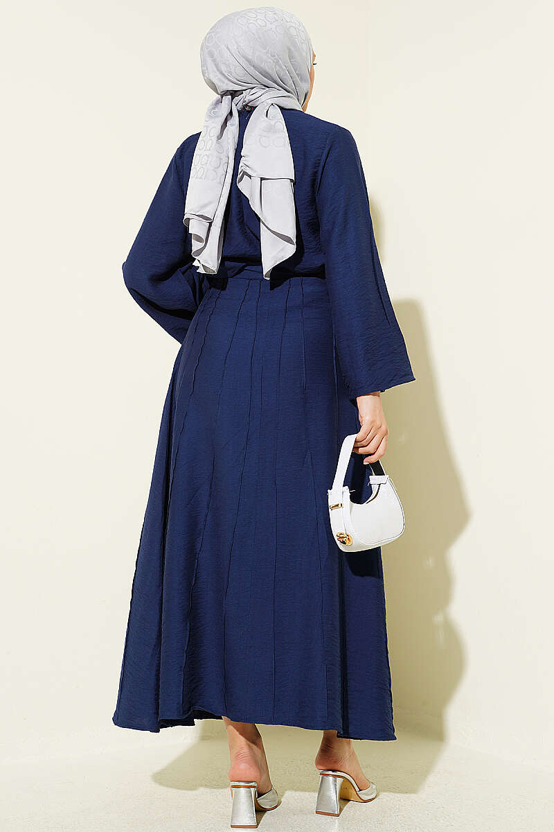 Ribbed-Blouse Skirt Set - Navy