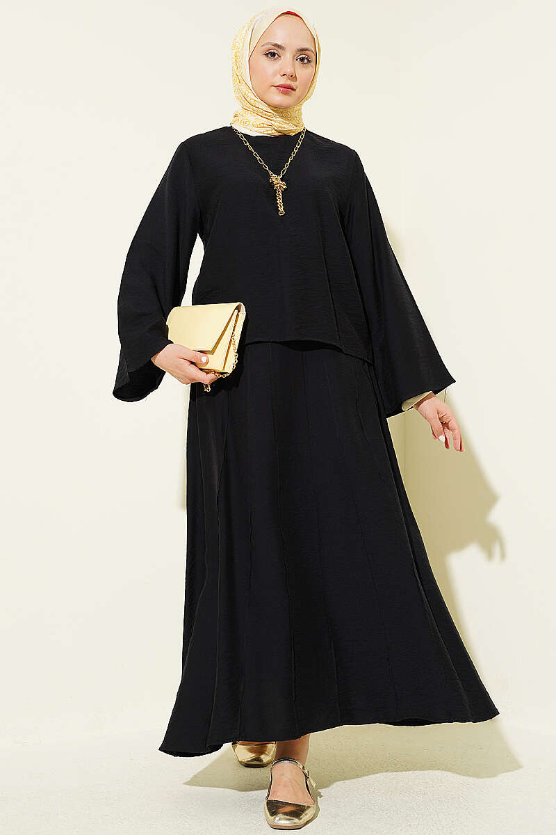 Ribbed-Blouse Skirt Set - Black