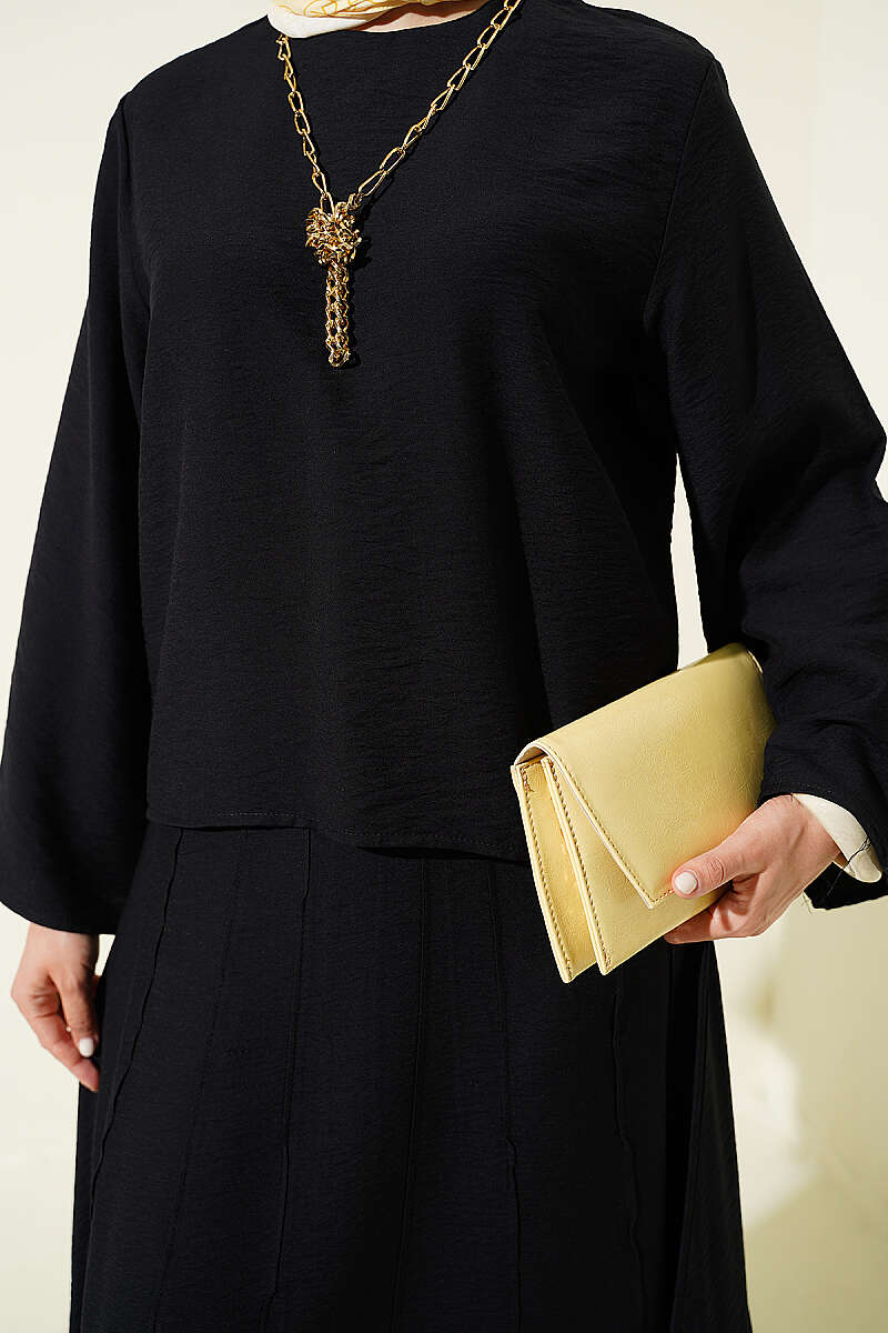 Ribbed-Blouse Skirt Set - Black