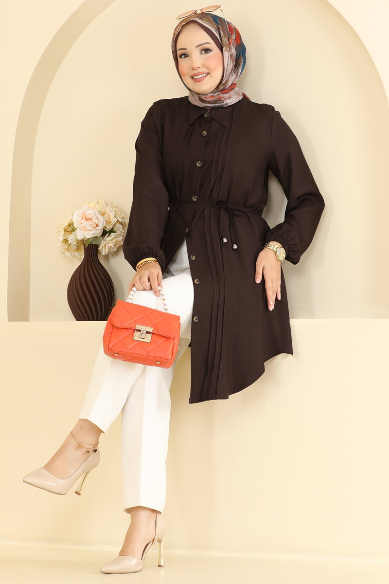 Belted Tunic with Pintucks - Brown