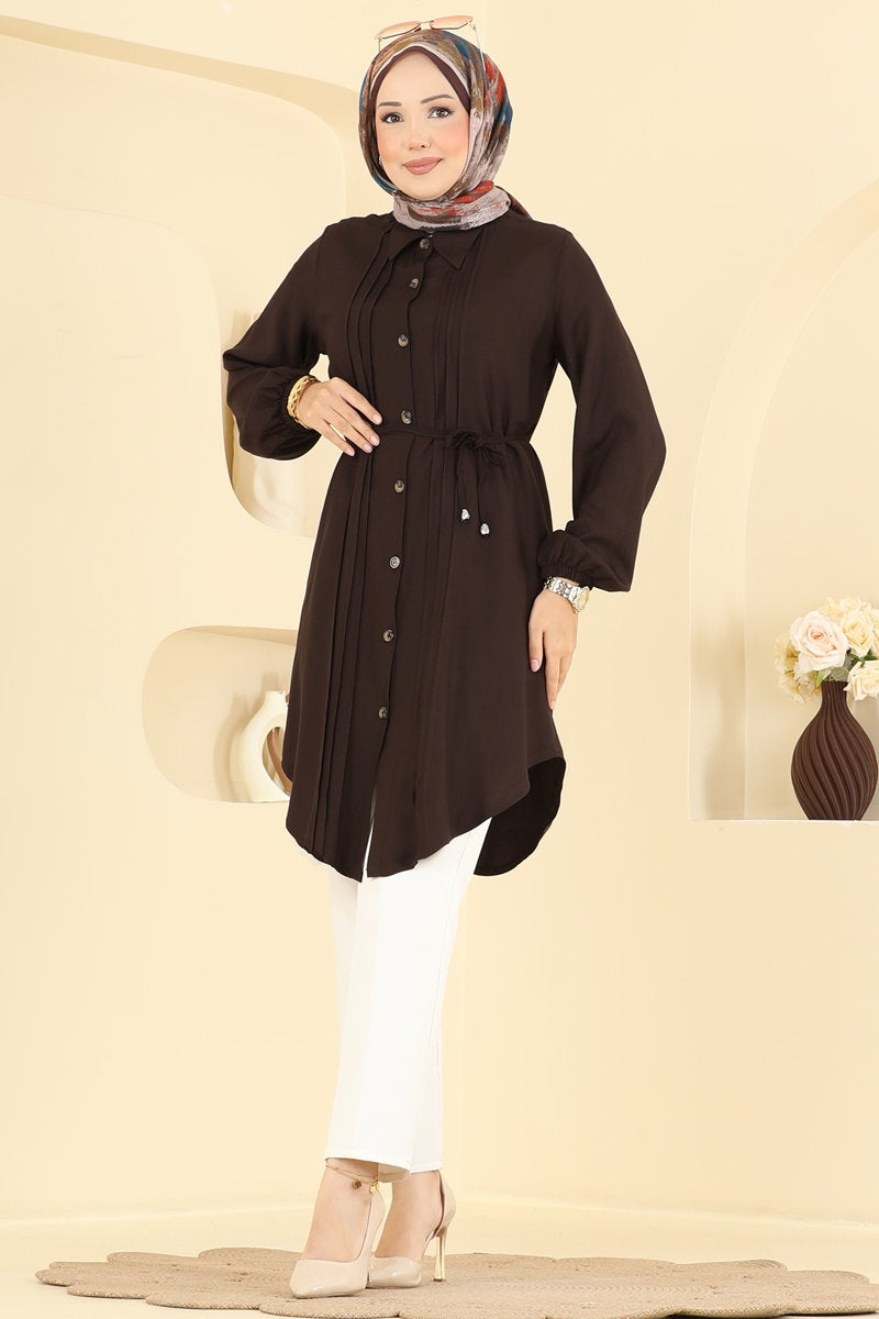 Belted Tunic with Pintucks - Brown