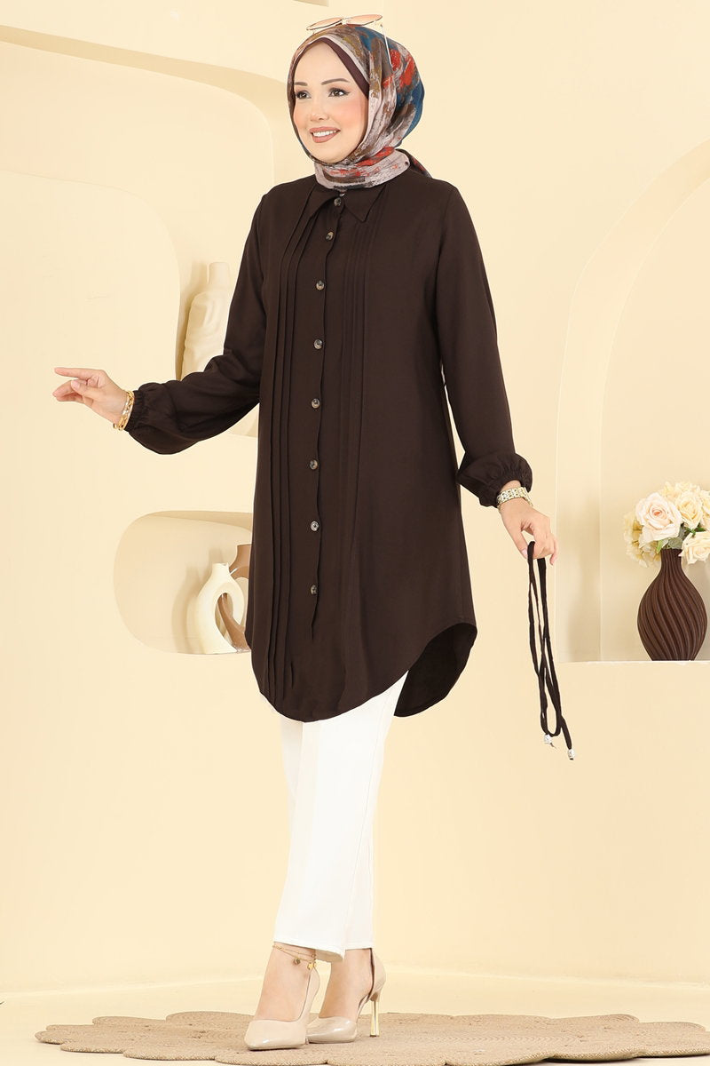 Belted Tunic with Pintucks - Brown