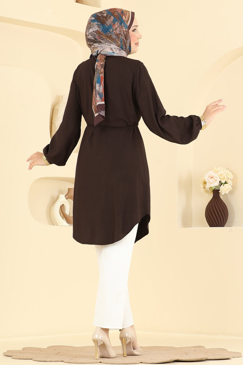 Belted Tunic with Pintucks - Brown