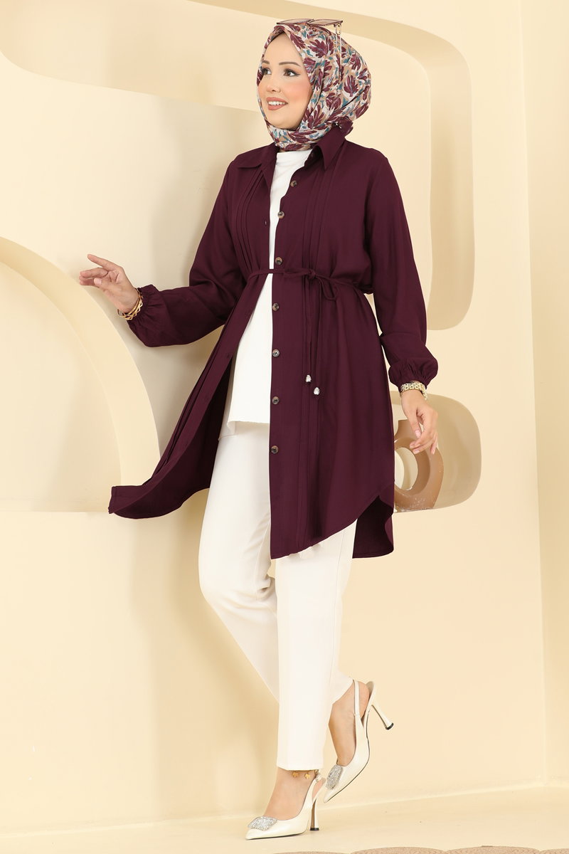 Belted Tunic with Pintucks - Dark Burgundy