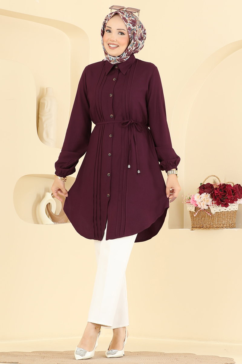 Belted Tunic with Pintucks - Dark Burgundy