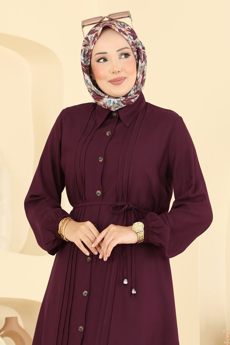 Belted Tunic with Pintucks - Dark Burgundy