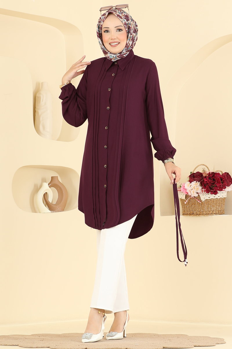 Belted Tunic with Pintucks - Dark Burgundy