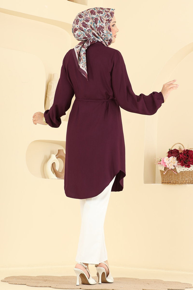 Belted Tunic with Pintucks - Dark Burgundy