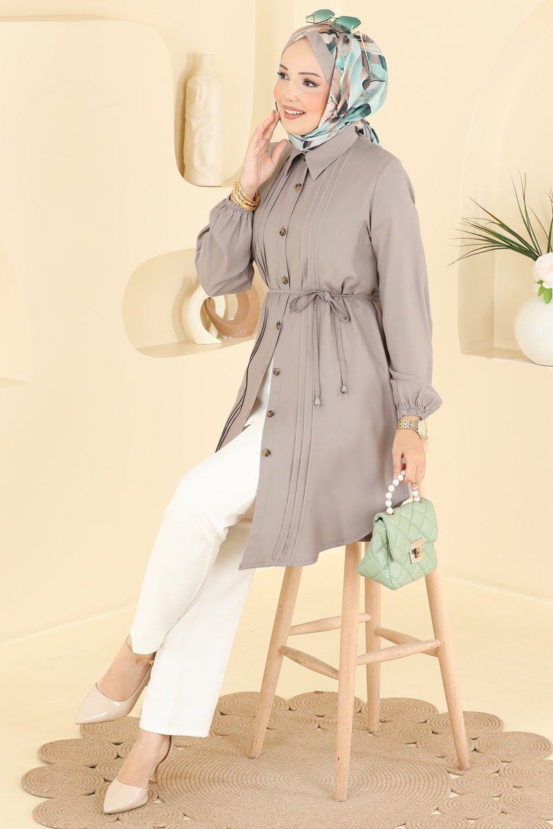 Belted Tunic with Pintucks - Dark Mink