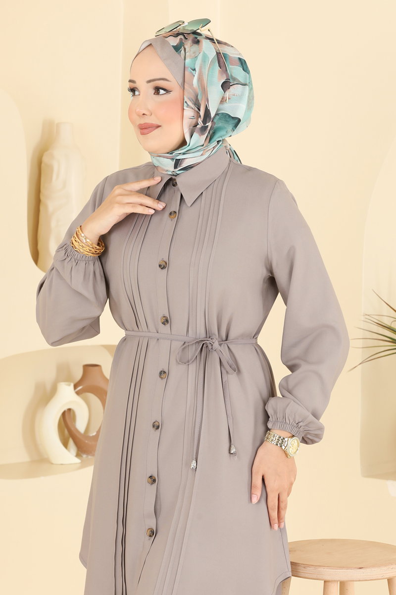Belted Tunic with Pintucks - Dark Mink