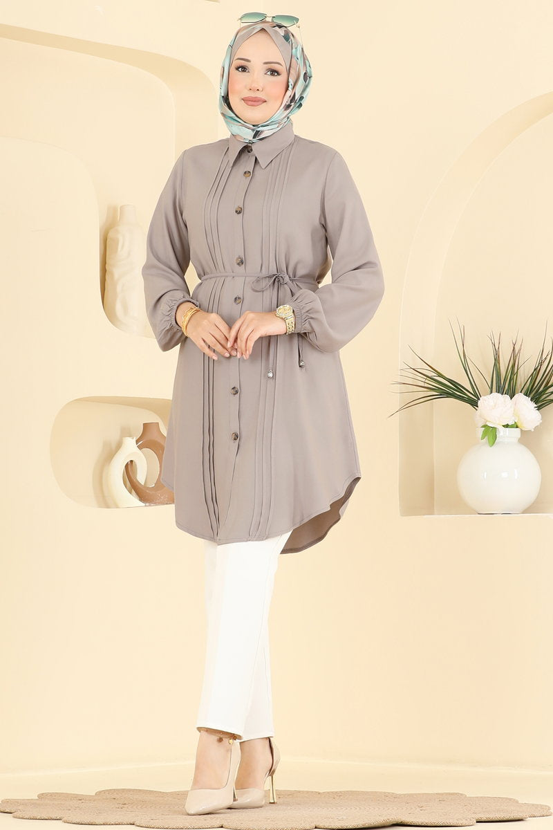Belted Tunic with Pintucks - Dark Mink