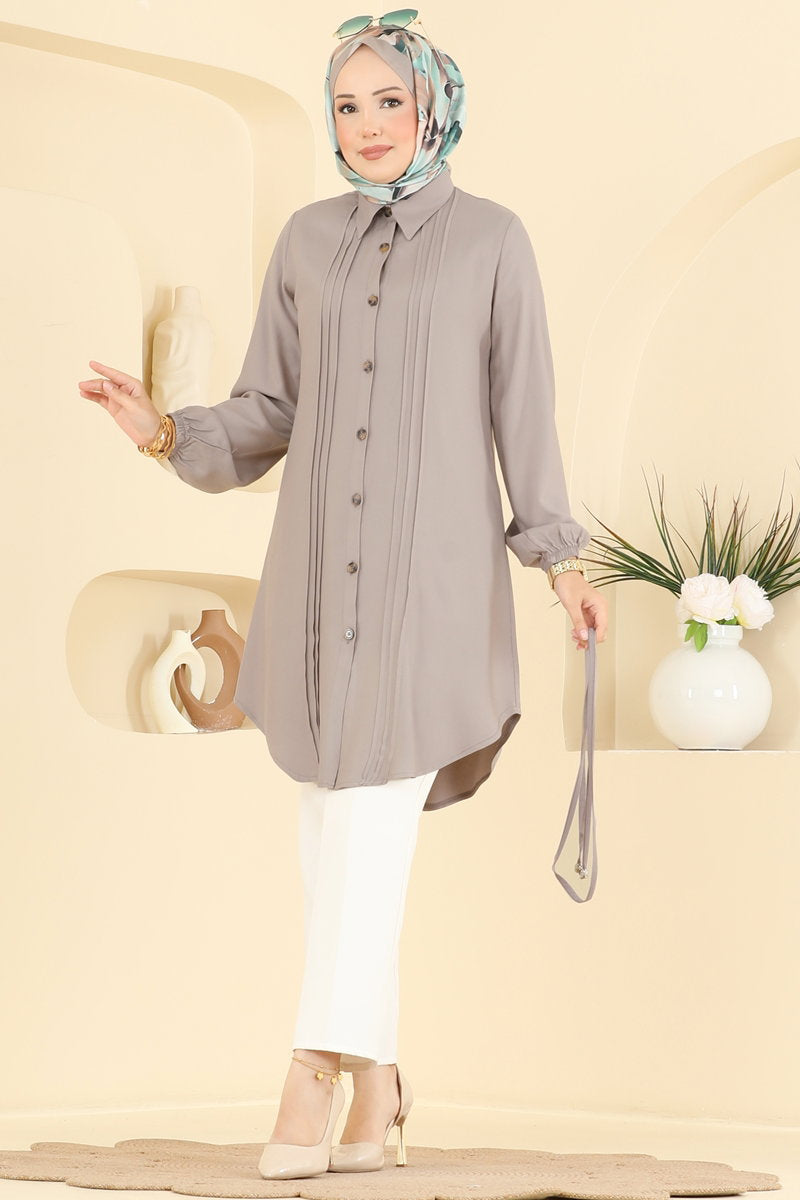 Belted Tunic with Pintucks - Dark Mink