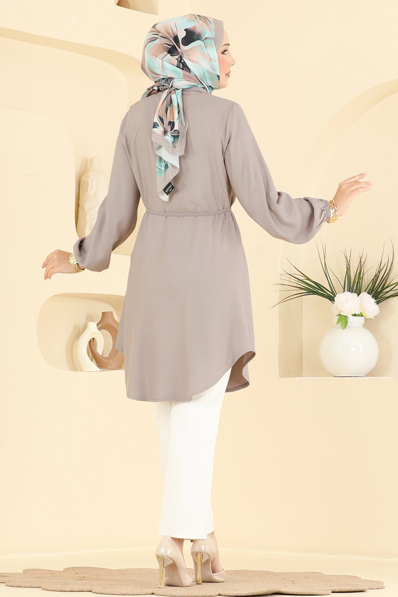 Belted Tunic with Pintucks - Dark Mink