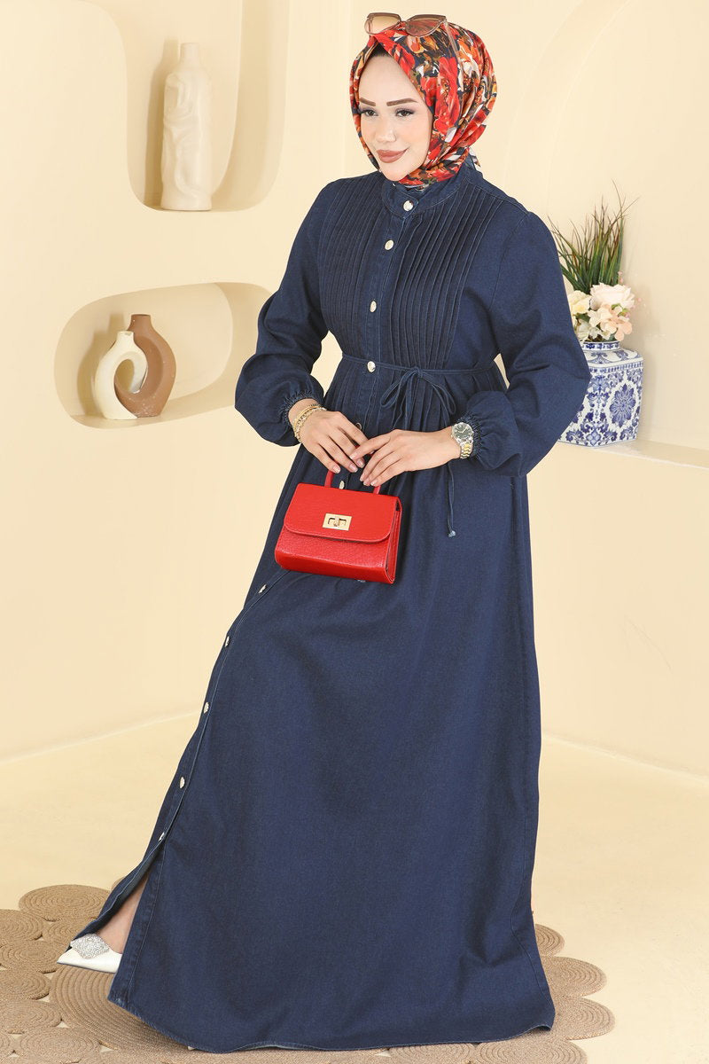 Denim Dress with Pintuck Detail - Dark Denim