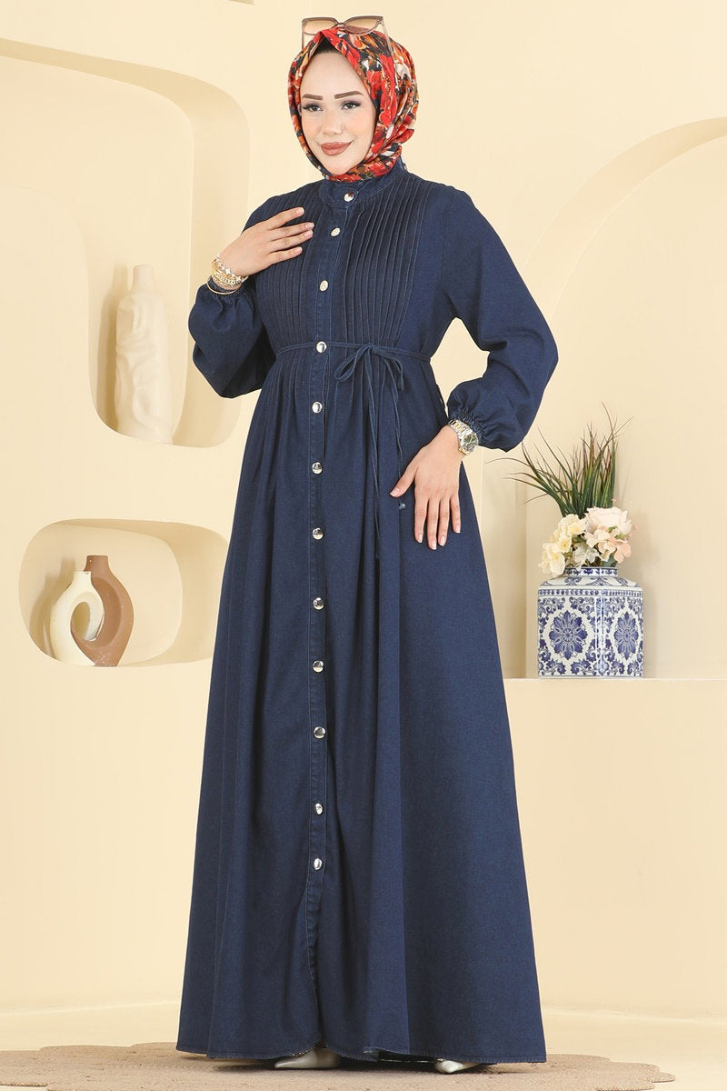 Denim Dress with Pintuck Detail - Dark Denim