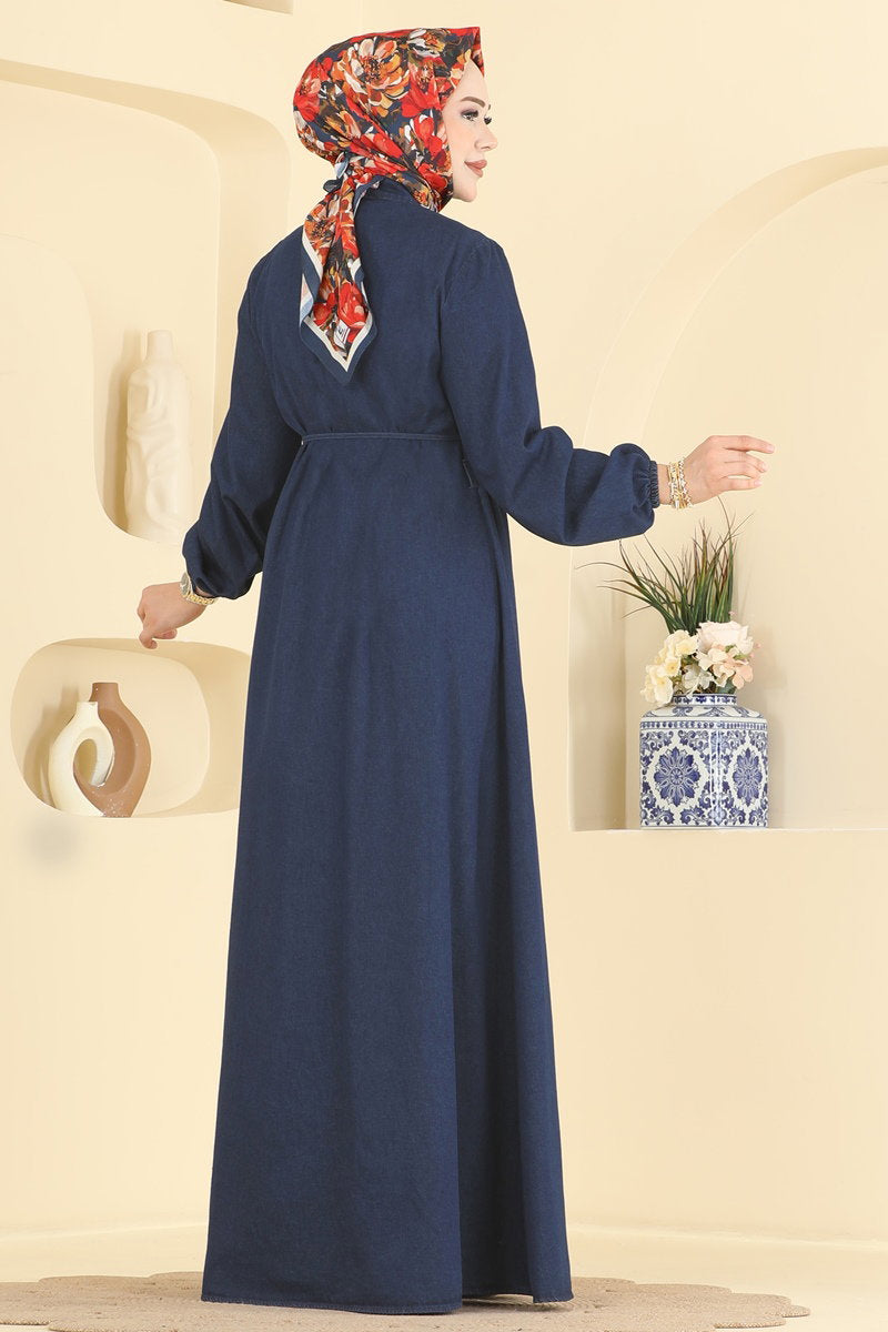 Denim Dress with Pintuck Detail - Dark Denim