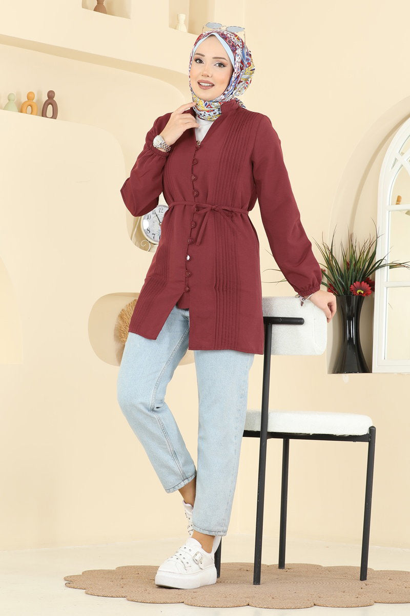 Pintuck Poly-Cotton Shirt - Burgundy