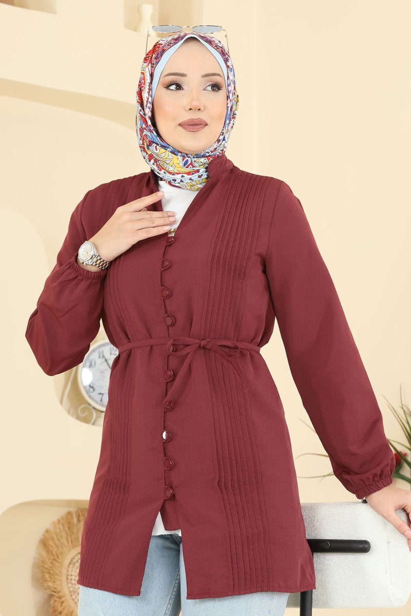 Pintuck Poly-Cotton Shirt - Burgundy