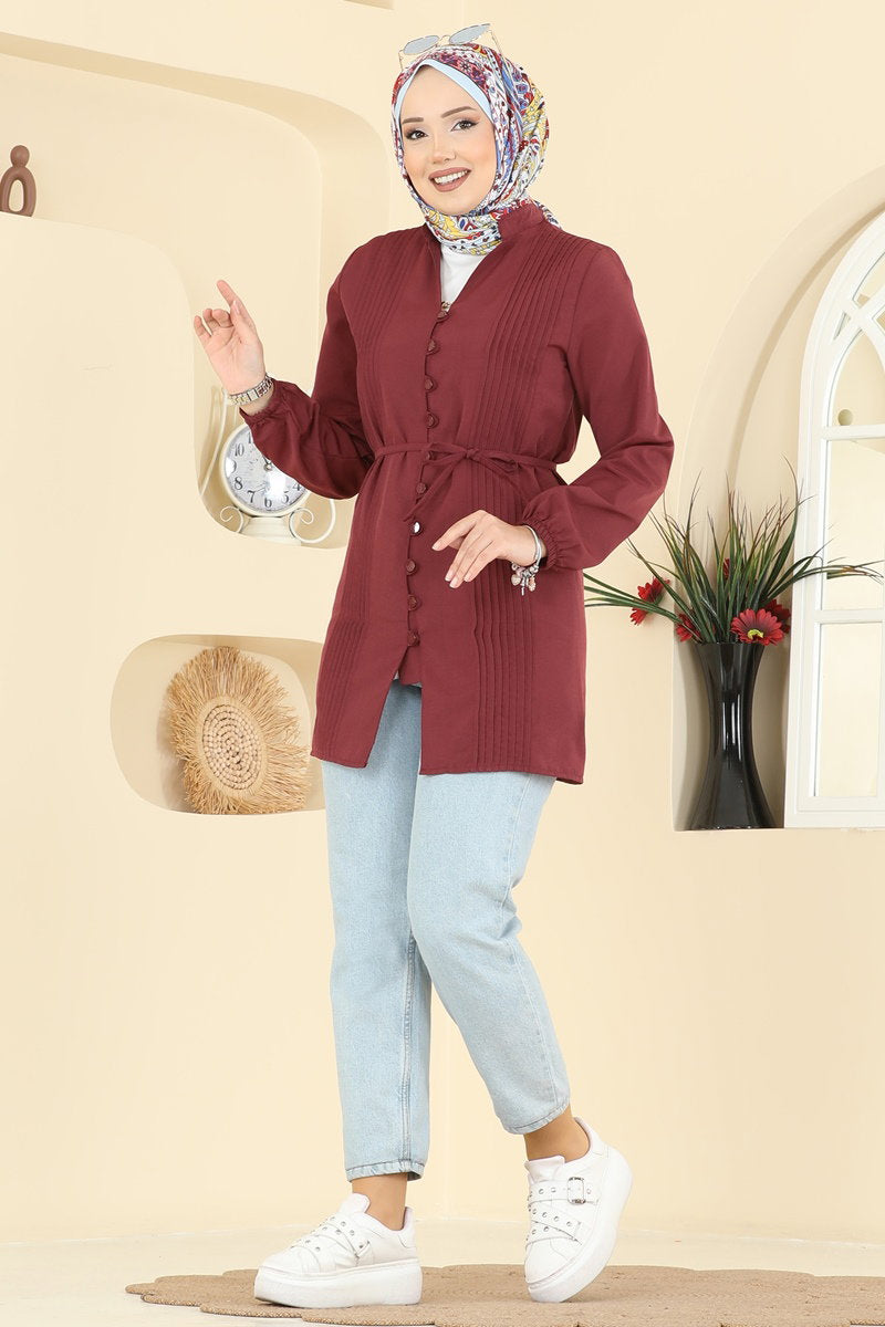 Pintuck Poly-Cotton Shirt - Burgundy