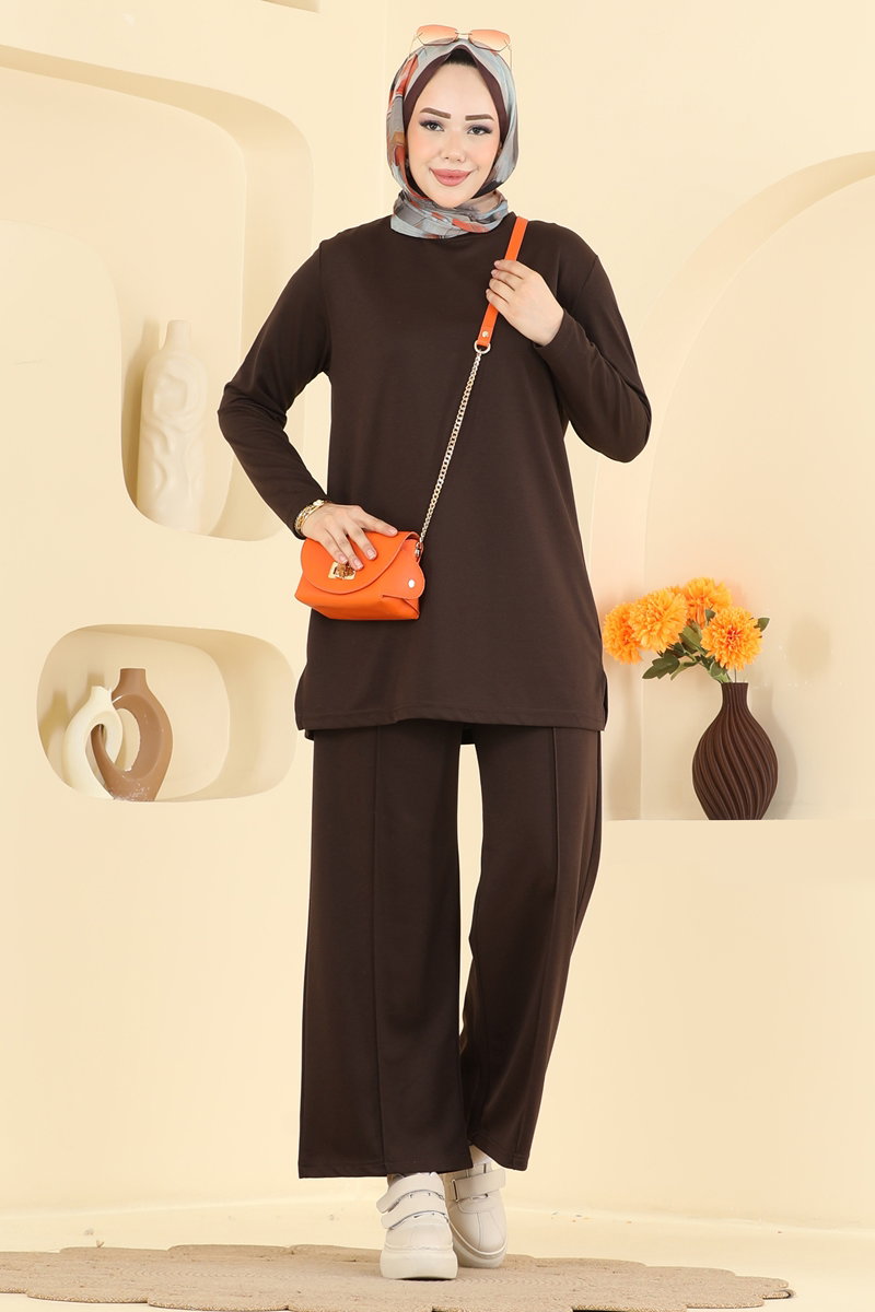 Pintuck Modal Two-Piece Set with Stitching - Brown