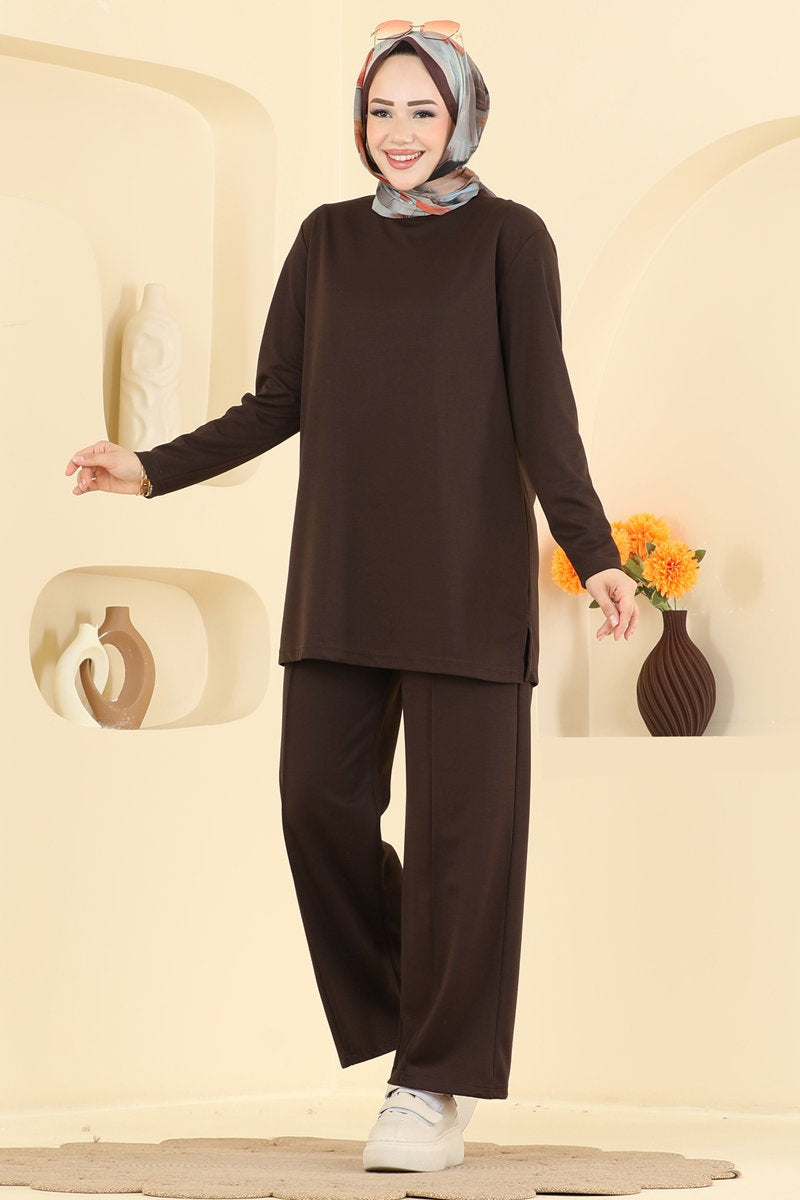 Pintuck Modal Two-Piece Set with Stitching - Brown
