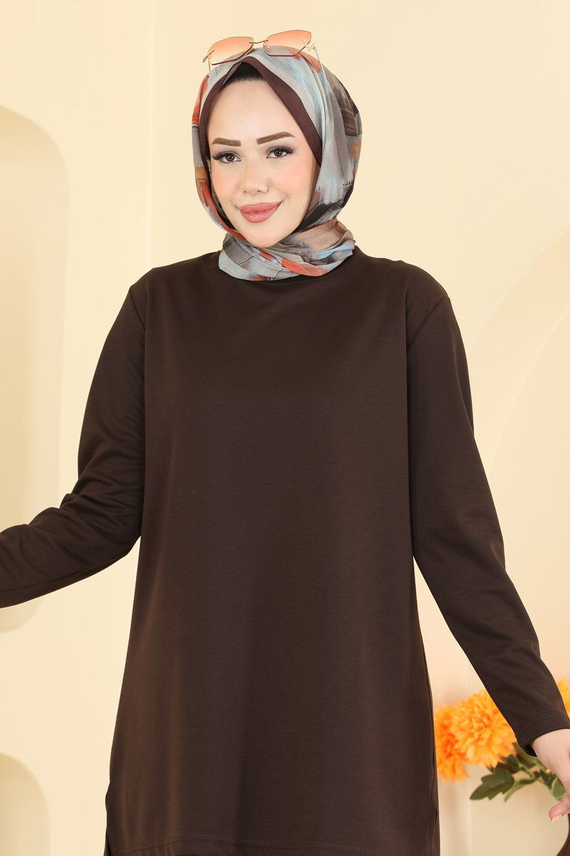 Pintuck Modal Two-Piece Set with Stitching - Brown