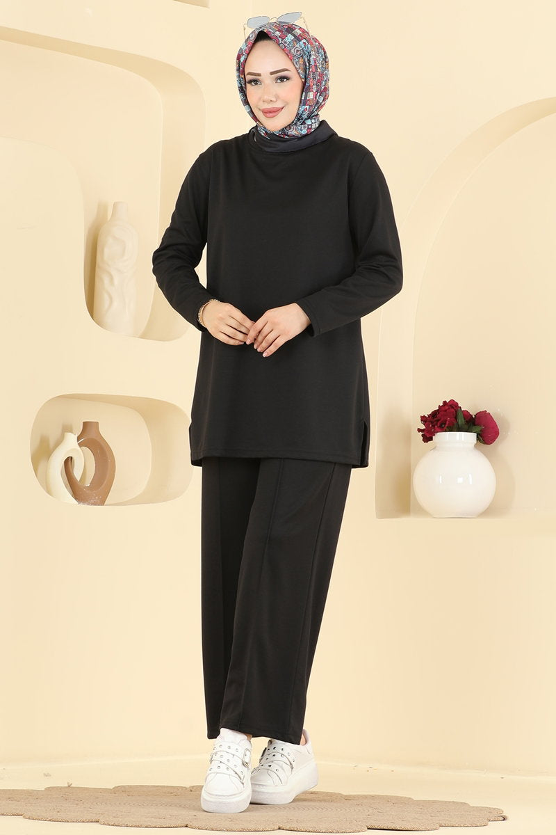 Pintuck Modal Two-Piece Set with Stitching - Black