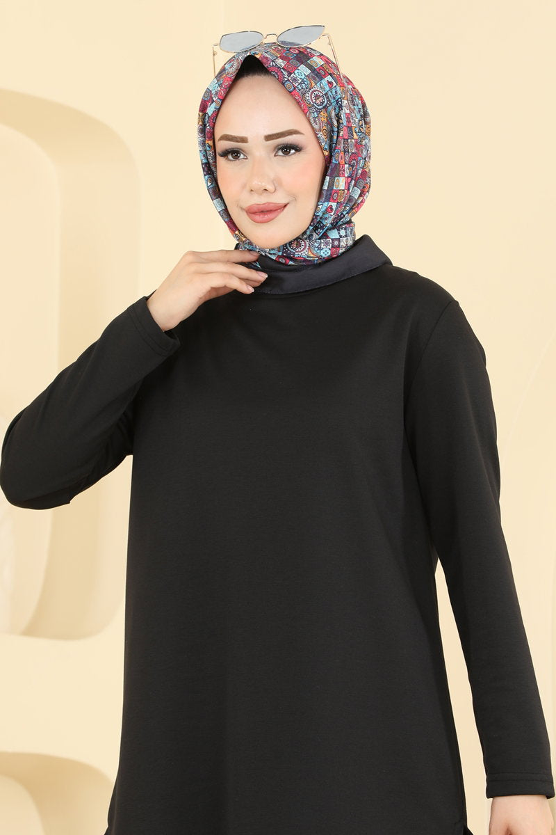 Pintuck Modal Two-Piece Set with Stitching - Black