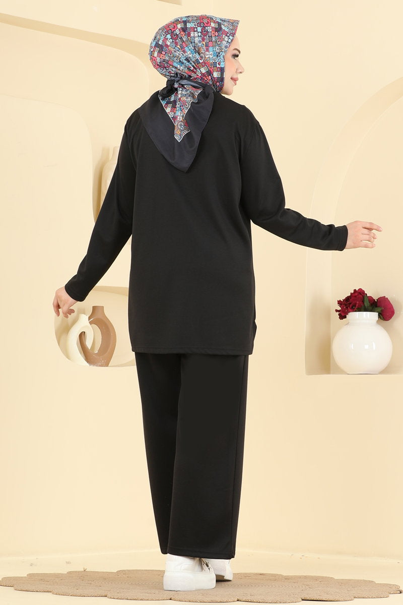 Pintuck Modal Two-Piece Set with Stitching - Black