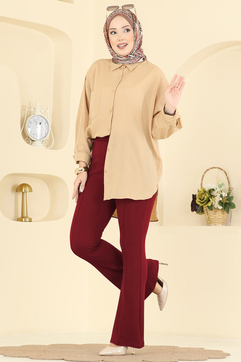 Crepe Trousers with Pintuck Seams - Burgundy