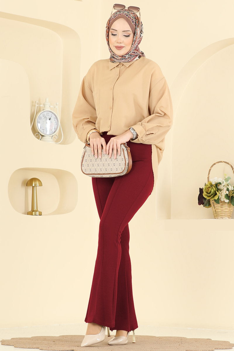 Crepe Trousers with Pintuck Seams - Burgundy