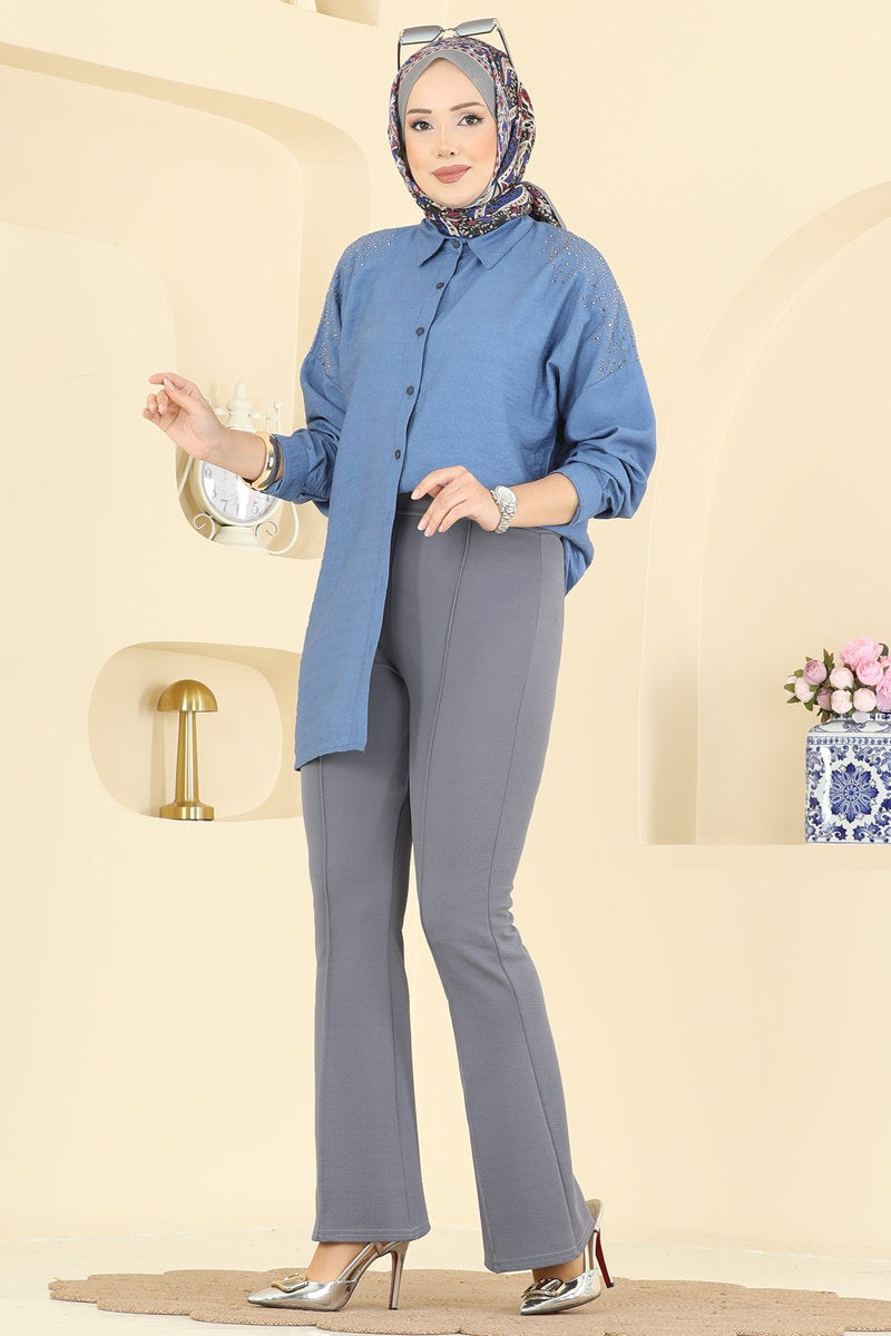 Crepe Trousers with Pintuck Seams - Grey