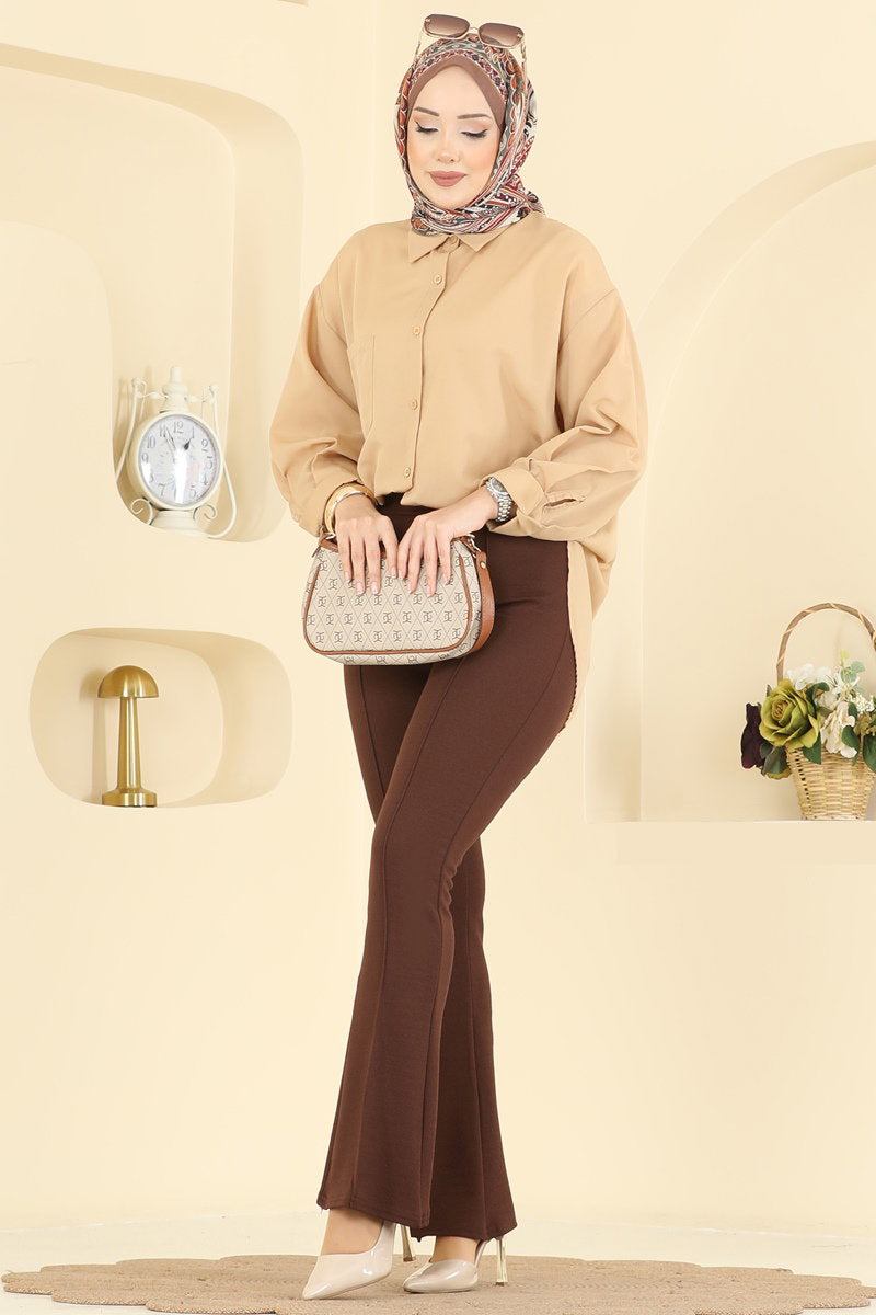 Crepe Trousers with Pintuck Seams - Brown
