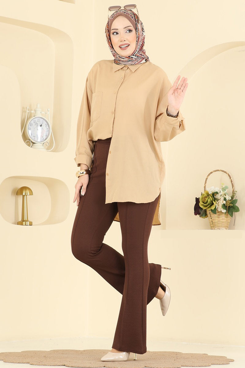 Crepe Trousers with Pintuck Seams - Brown