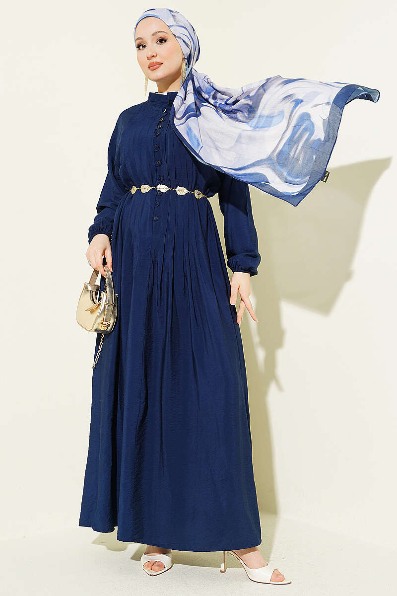 Pintuck Dress with Half Rivet Buttons - Navy