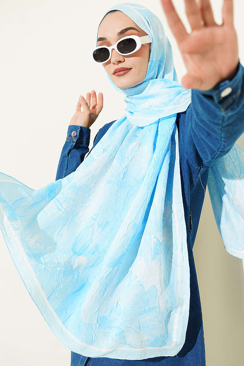 Water Lily Print Bamboo Crinkle Shawl - Ice Blue