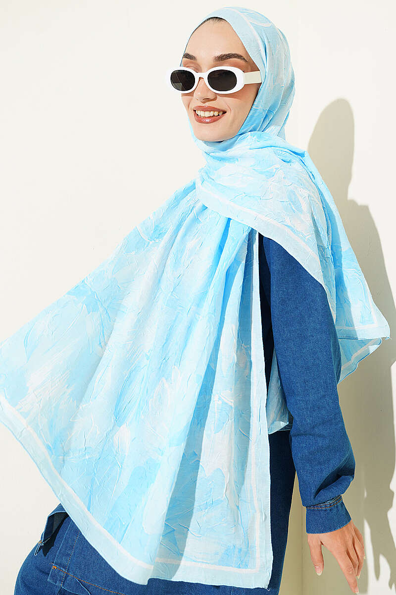 Water Lily Print Bamboo Crinkle Shawl - Ice Blue