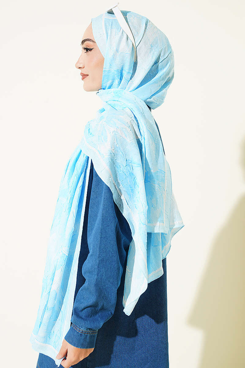 Water Lily Print Bamboo Crinkle Shawl - Ice Blue