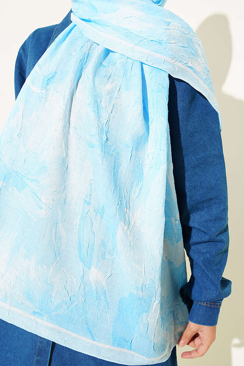 Water Lily Print Bamboo Crinkle Shawl - Ice Blue