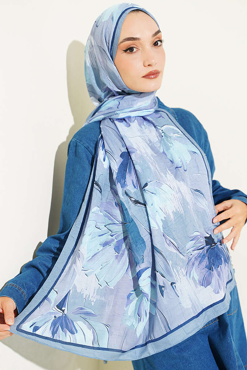 Water Lily Print Bamboo Crinkle Shawl - Grey
