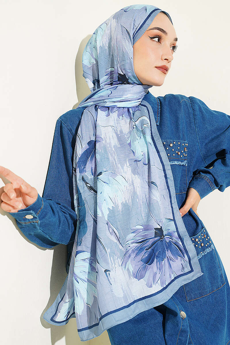 Water Lily Print Bamboo Crinkle Shawl - Grey