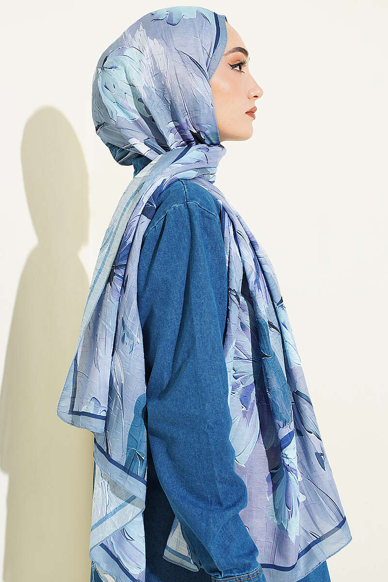 Water Lily Print Bamboo Crinkle Shawl - Grey