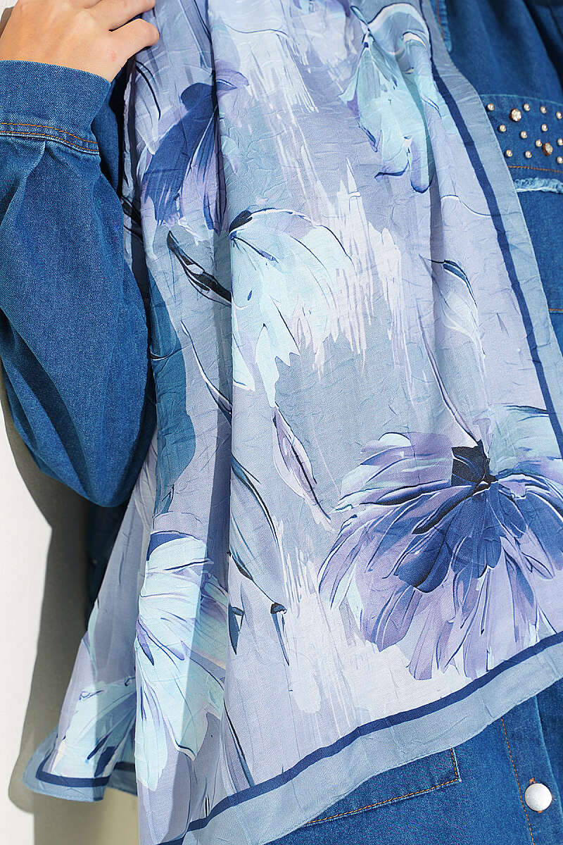 Water Lily Print Bamboo Crinkle Shawl - Grey