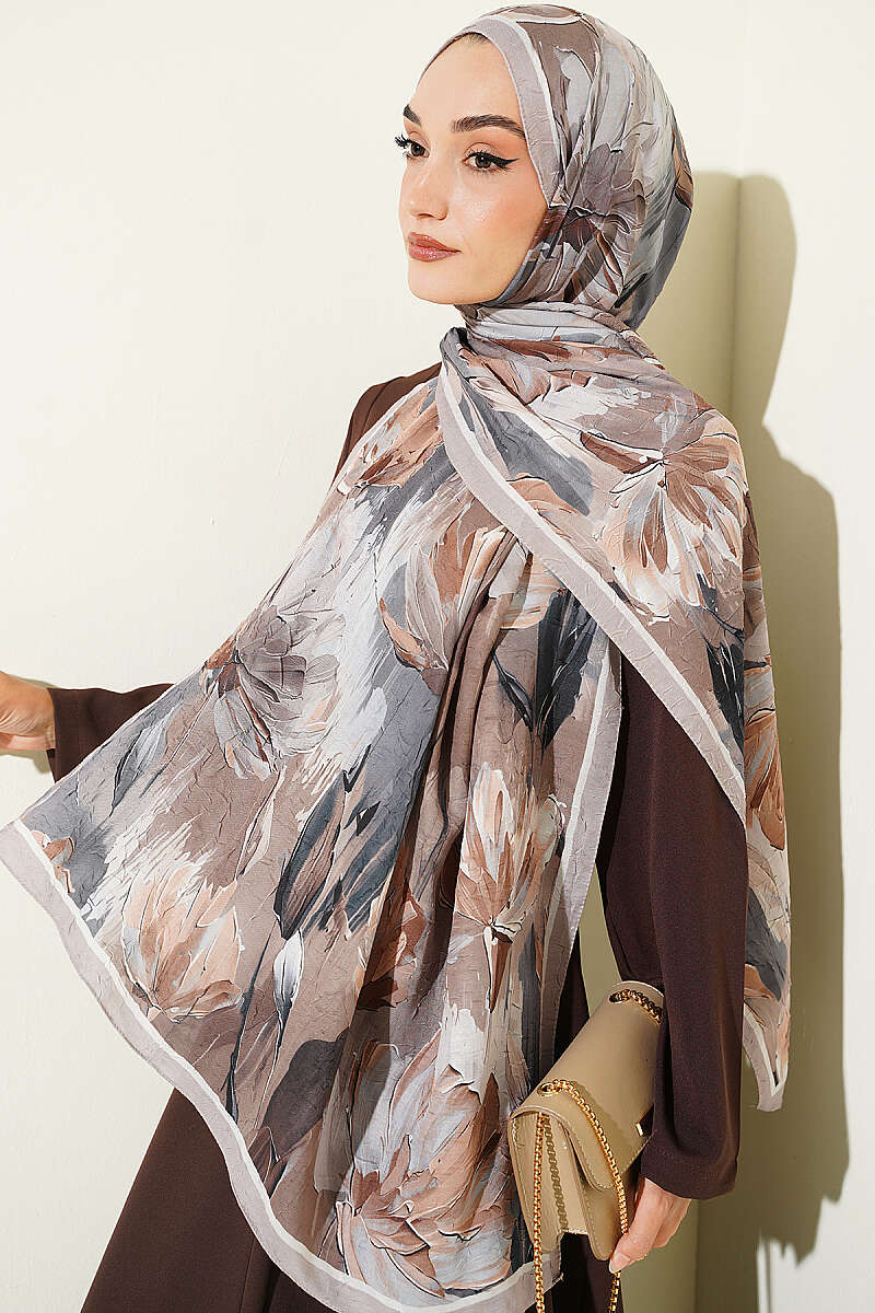 Water Lily Print Bamboo Crinkle Shawl - Sand