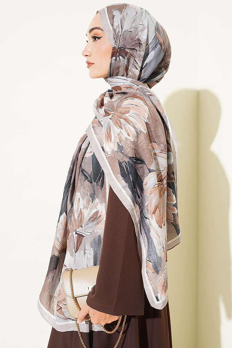 Water Lily Print Bamboo Crinkle Shawl - Sand