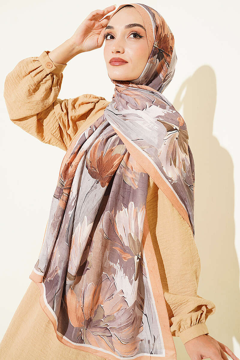 Water Lily Print Bamboo Crinkle Shawl - Latte